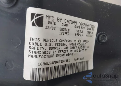 2004 Saturn Ion 3 z USA, uszkodzony, nr VIN 1G8AL54F84Z159951